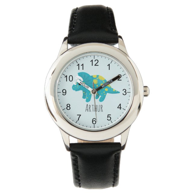Boys Niedlich Blue Dinosaurier Cartoon & Name Kind Armbanduhr (Vorderseite)