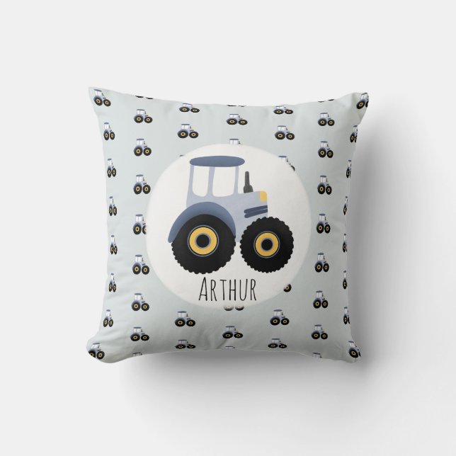 Boy's Niedlich Blue Farm Traktor Muster & Name Kin Kissen (Vorderseite)