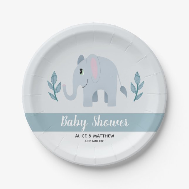 Boys Niedlich Blue Jungle Safari Elephant Baby Dus Pappteller (Vorderseite)