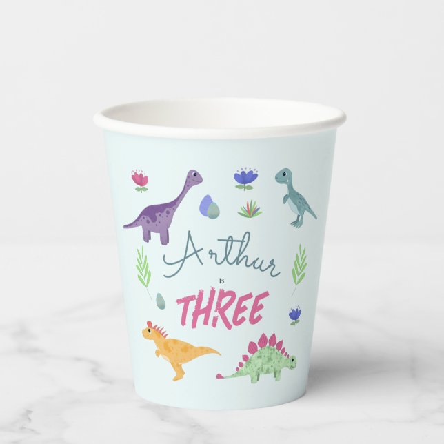 Boys Niedlich Blue Jungle T-Rex Dinosaur Kindergeb Pappbecher (Vorderseite)
