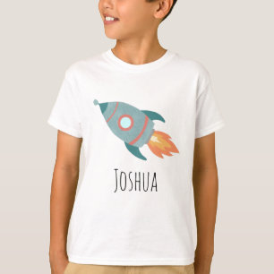 Boys Niedlich Blue Rocket Ship in Space and Name T-Shirt