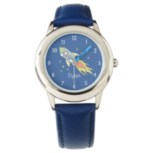 Boys Niedlich Blue Rocket Ship Space and Name Kids Armbanduhr