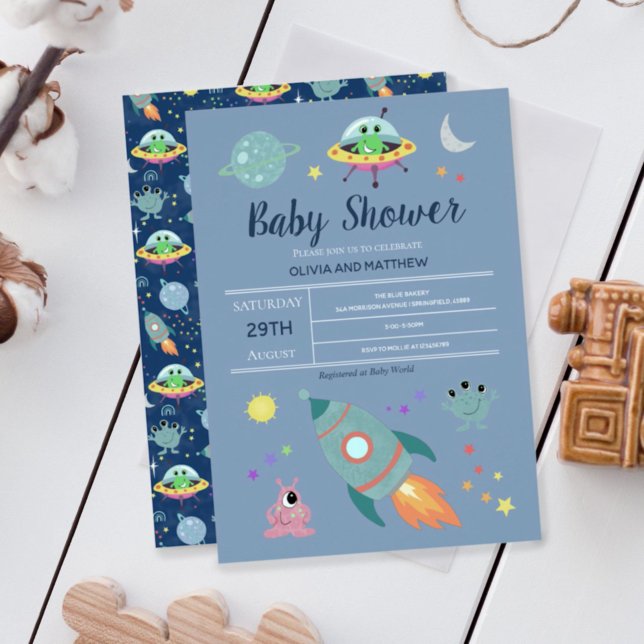 Boys Niedlich Blue Space Alien Rocket Baby Dusche Einladung (Von Creator hochgeladen)