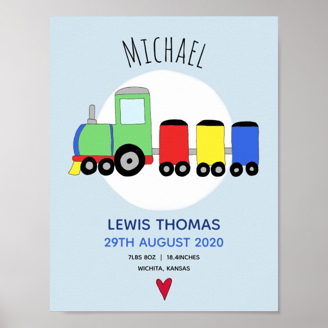 Boys Niedlich Blue Train Keepake Baby Kinderzimmer Poster (Vorne)