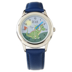Boys Niedlich Green Dragon Cartoon mit Namenskinde Armbanduhr