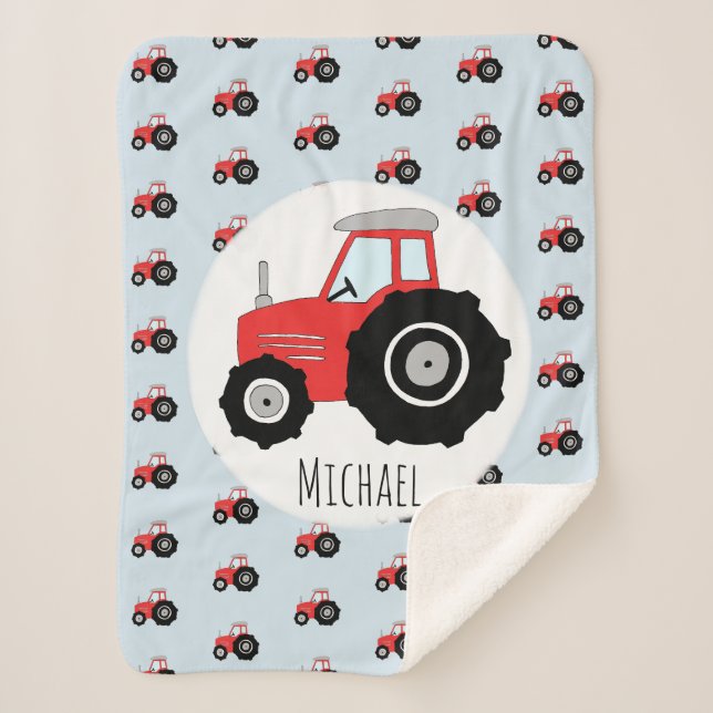 Boys Niedlich Red Traktor Muster mit Namenskindern Sherpadecke (Vorderseite)
