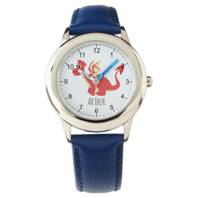 Boys Niedlich Red Welsh Dragon Cartoon & Name Kind Armbanduhr (Vorderseite)