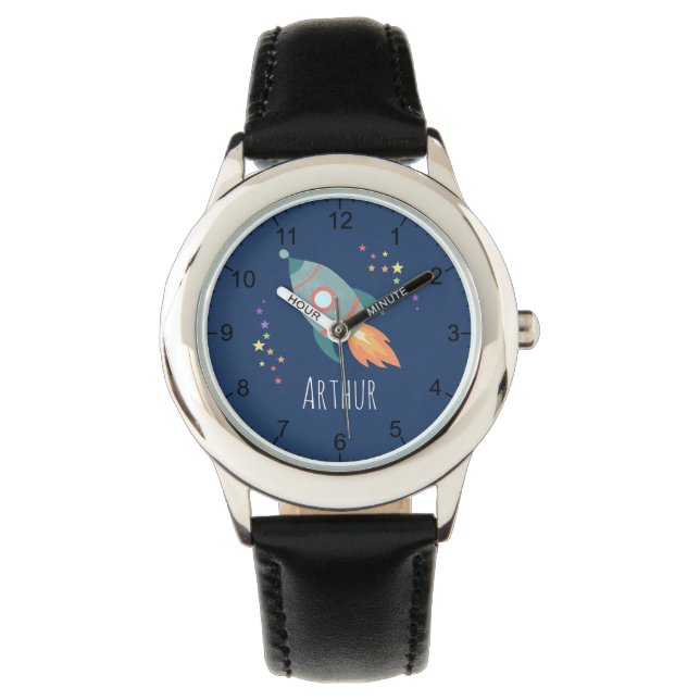 Boys Niedlich Rocket Ship Cartoon & Name Kids Armbanduhr (Vorderseite)