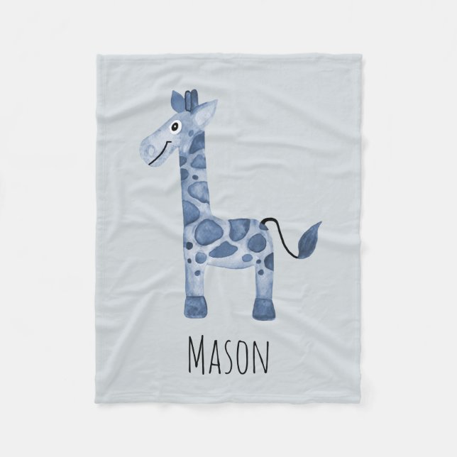 Boys Niedliche Blue Safari Giraffe und Name Fleecedecke (Vorderseite)