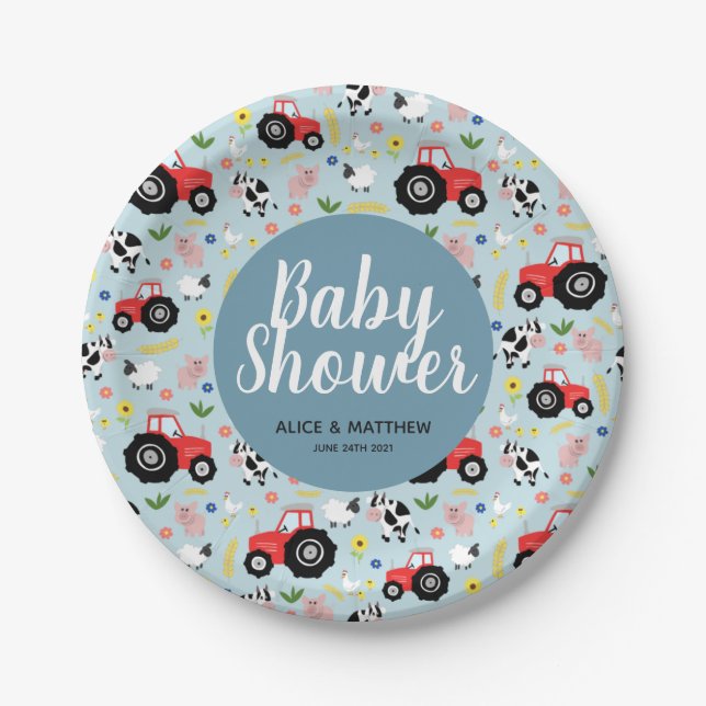 Boys Niedliche Landtiere Traktor Babydusche Pappteller (Vorderseite)