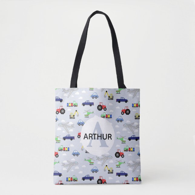 Boys Niedliche Transportmuster Traktor und Name Ki Tasche (Vorderseite)