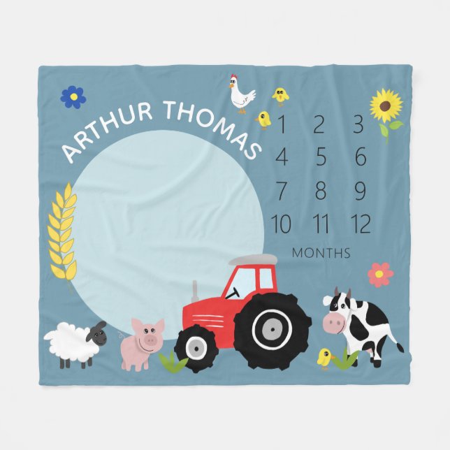 Boys Niedliche Zuchttiertraktor und Name Milestone Fleecedecke (Vorderseite (Horizontal))
