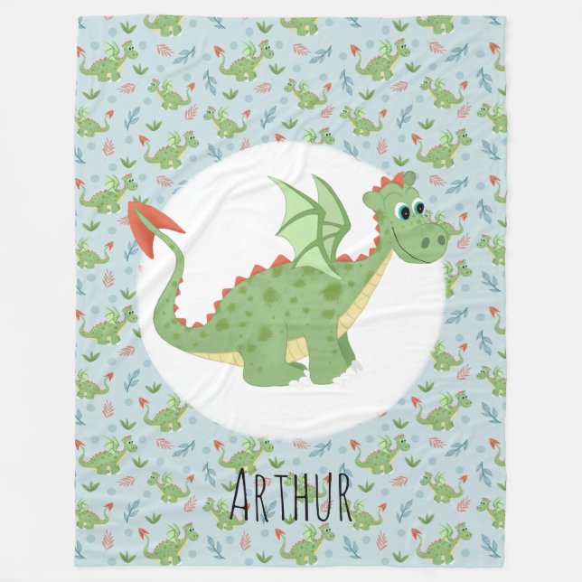 Boys Niedlicher Green Dragon Cartoon Muster & Name Fleecedecke (Vorderseite)