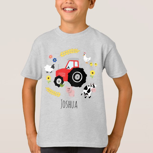 Boys, Niedlicher Red Farm Traktor und Tiere T-Shirt (Vorderseite)
