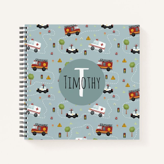 Boys Niedliches Transportmuster und Name Kids Mono Notizbuch (Vorderseite)