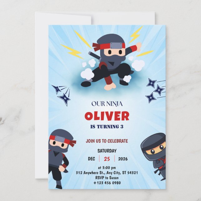 Boys Ninja Warrior 3 Invitations de fête d'anniver (Devant)