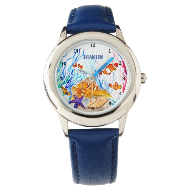 Boys Ocean Fish Niedlich moderne blaue Kinder beob Armbanduhr (Vorderseite)