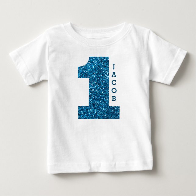 Boys One First Birthday Blue Glitzer Baby T-shirt (Vorderseite)