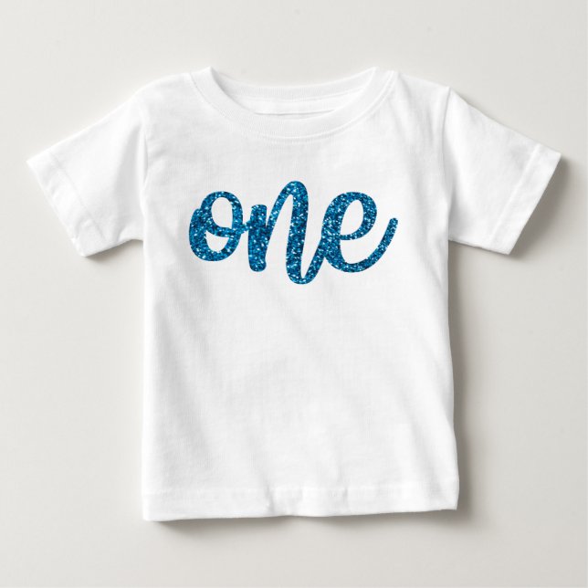 Boys One First Birthday Blue Glitzer Baby T-shirt (Vorderseite)