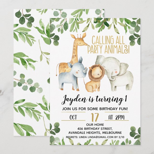 Boys Party Animals Safari Geburtstag Einladung (Vorne/Hinten)