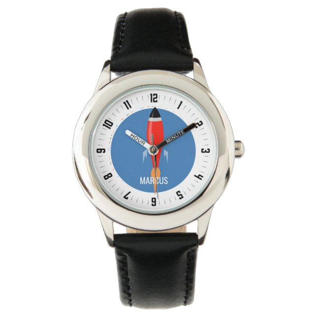 Boys Personalisierte Red Rocket Ship Black Band Armbanduhr (Vorderseite)