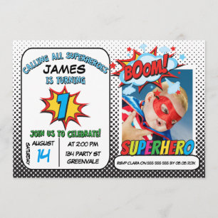Boys Photo Superhero 1er Anniversaire Invitation