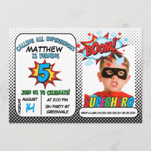 Boys Photo Superhero 5e anniversaire Invitation