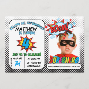 Boys Photo Superhero Invitation pour le 4e anniver