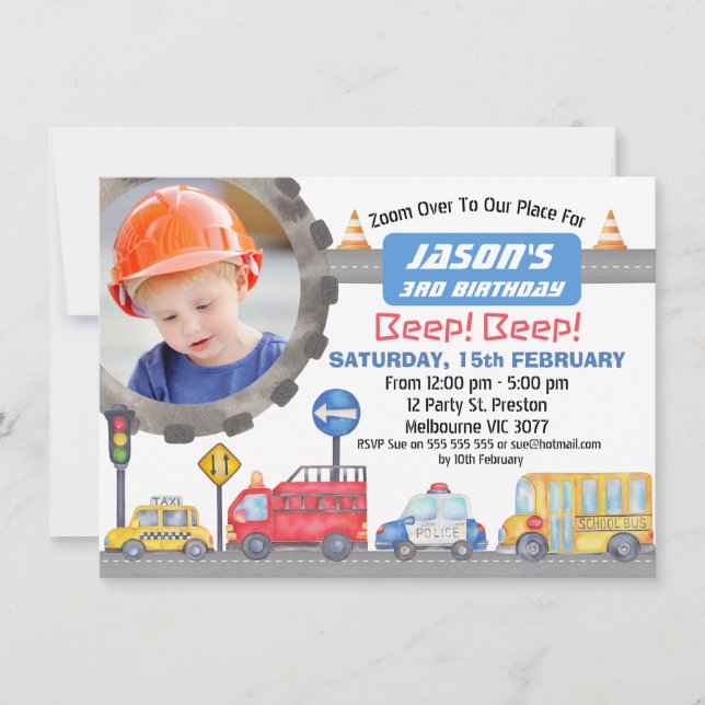 Boys Photo Transport Anniversaire Fête Invitation (Devant)