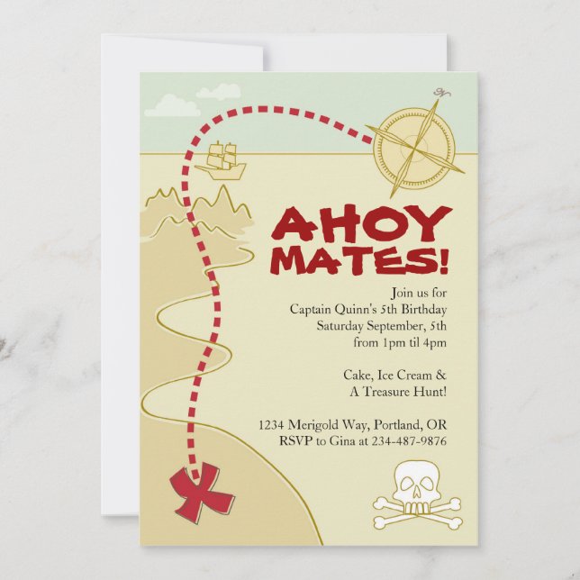 Boys Pirate Map & Pirate Ship Einladungen (Vorderseite)