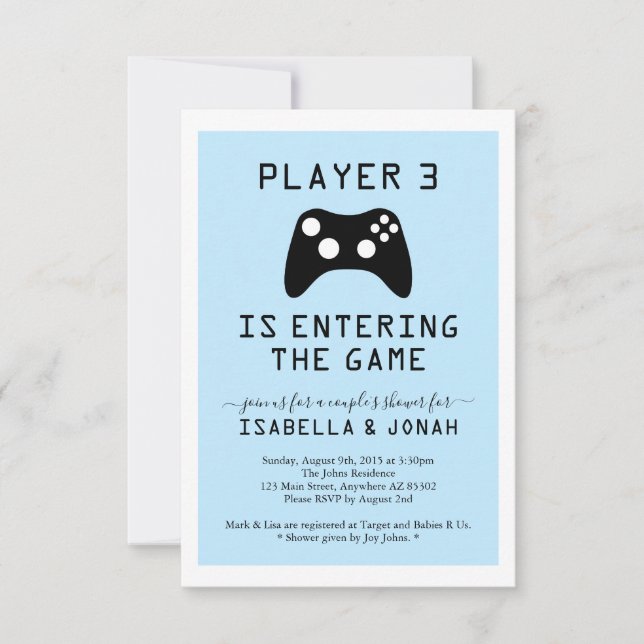 Boy's Player 3 Video Game Baby / Couple's Shower Einladung (Vorderseite)