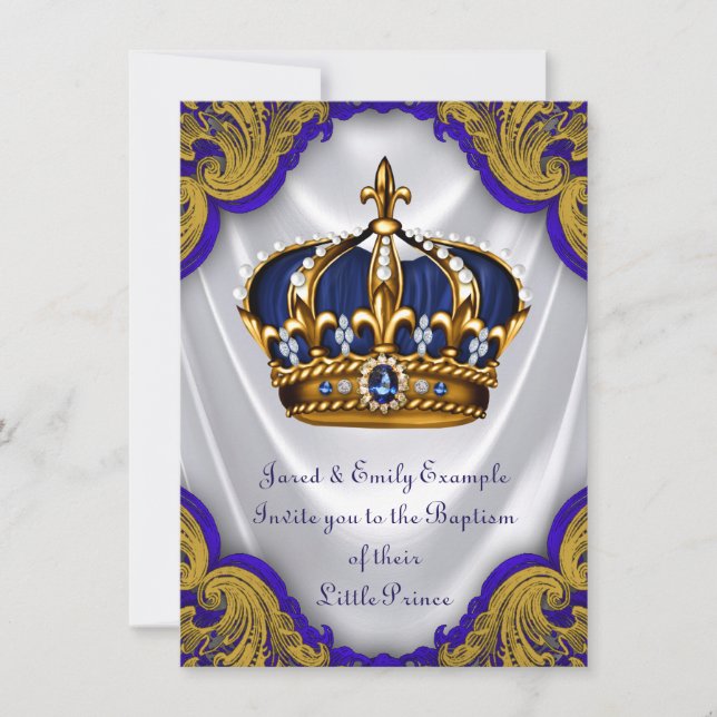 Boys Prince Baptism Royal Blue Gold Swirl Satin Einladung (Vorderseite)