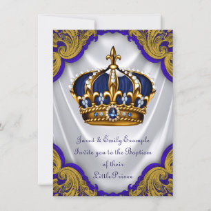 Boys Prince Baptism Royal Blue Gold Swirl Satin Einladung