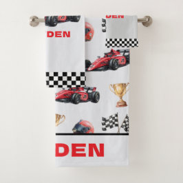 Boys Red Racing Car Pattern Personalised  Badhandtuch Set