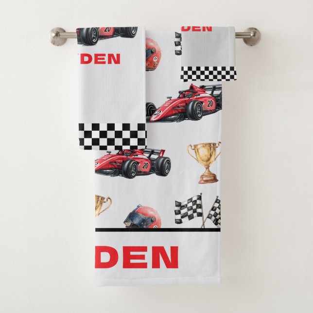 Boys Red Racing Car Pattern Personalised  Badhandtuch Set (Insitu)