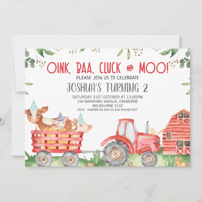 Boys Red Tractor Farm Animals Geburtstag Einladung (Vorderseite)