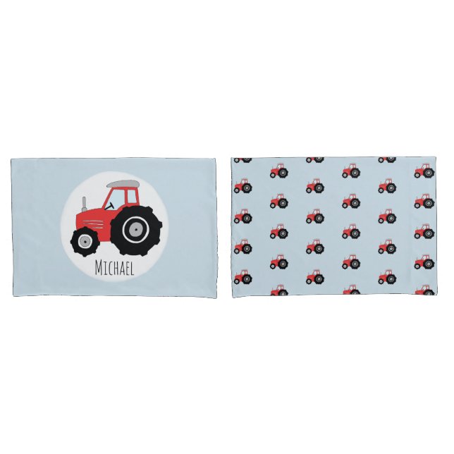 Boy's Red Traktor Muster mit Kindername Kissenbezug (Vorderseite-Set)