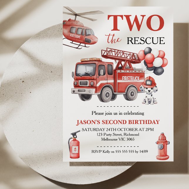 Boys Red Two The Rescue Fire Truck Birthday  Einladung (Two The Rescue Invitation, Fire Truck Birthday Invitation, Boys 2nd Birthday Invite, Dalmatian)