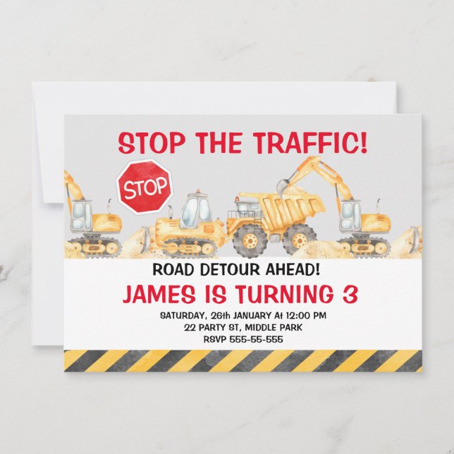 Boys Road Construction stoppen den Verkehr Geburts Einladung (Vorderseite)