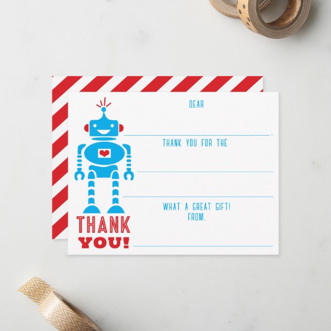 Boys Robot füllen Sie das Leere aus. Vielen Dank Mitteilungskarte (Vorderseite/Rückseite Beispiel)