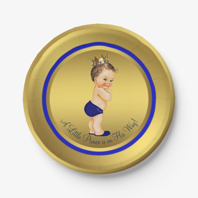 Boys Royal Blue Gold Prince Baby Dusche Pappteller (Vorderseite)