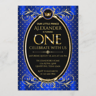 Boys Royal Blue Gold Prince Erste Geburtstagsparty Einladung