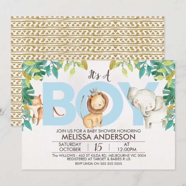 Boys Safari Jungle Baby shower Invitation (Devant / Derrière)