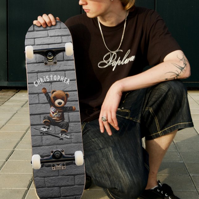 Boys Skateboard Teddy Bear Brick Nom du mur (Boys Skateboarding Teddy Bear Brick Wall Name Skateboard)