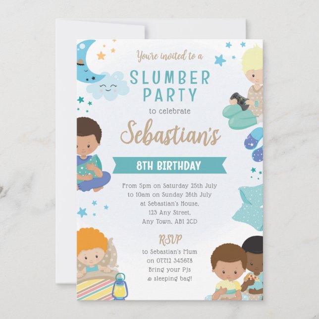 Boys Sleepover Invitation – PJs, Pillows & Gaming Einladung (Vorderseite)