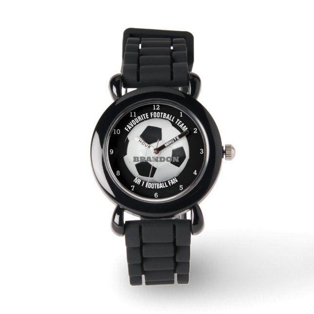 Boys Soccer Ball Black Stylish Individuelle Name K Armbanduhr (Vorderseite)