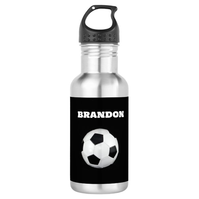 Boys Soccer Ball Black Stylish Individuelle Name K Edelstahlflasche (Vorderseite)