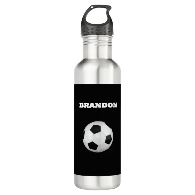 Boys Soccer Ball Black Stylish Individuelle Name K Edelstahlflasche (Vorderseite)