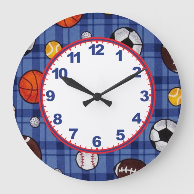 Boys Sports Clock with Numbers Große Wanduhr (Vorderseite)