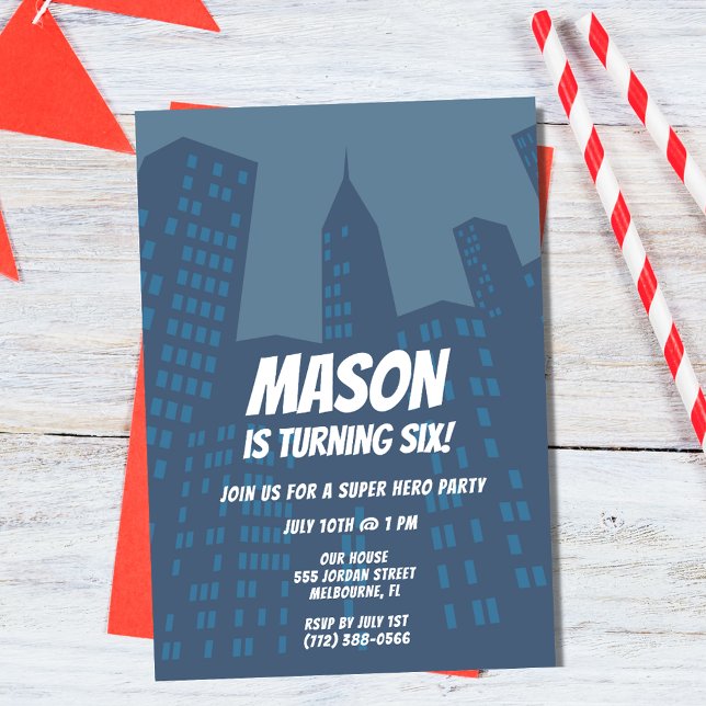 Boys Superhero City Anniversaire Fête Invitation (Boys Superhero City Birthday Party Invitation)